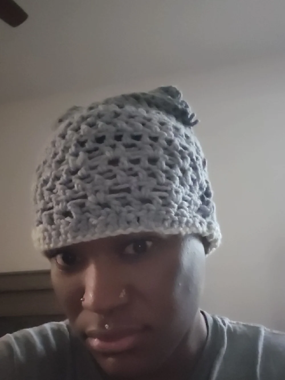 Hand-Knit Lace Stitch Beanie Hat - Light Gray